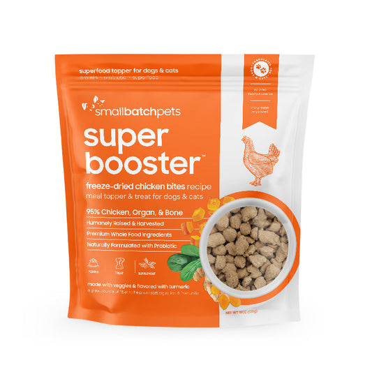 Smallbatch Super Booster freeze-dried chicken probiotic treats for dogs and cats in an orange and white pouch.