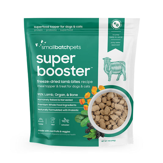 Smallbatch Super Booster freeze-dried lamb treats for dogs and cats in a teal and white resealable bag.