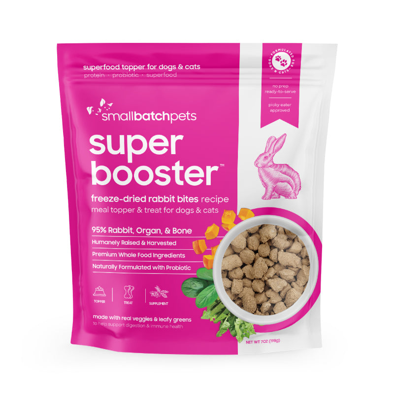 Smallbatch Super Booster freeze-dried rabbit probiotic treats for dogs and cats in a bright pink 7oz pouch.