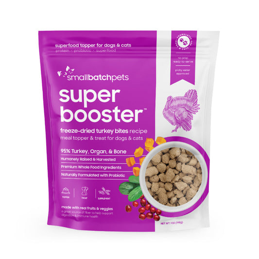 Smallbatch Super Booster freeze-dried turkey probiotic treat bag in purple and white for dogs and cats.