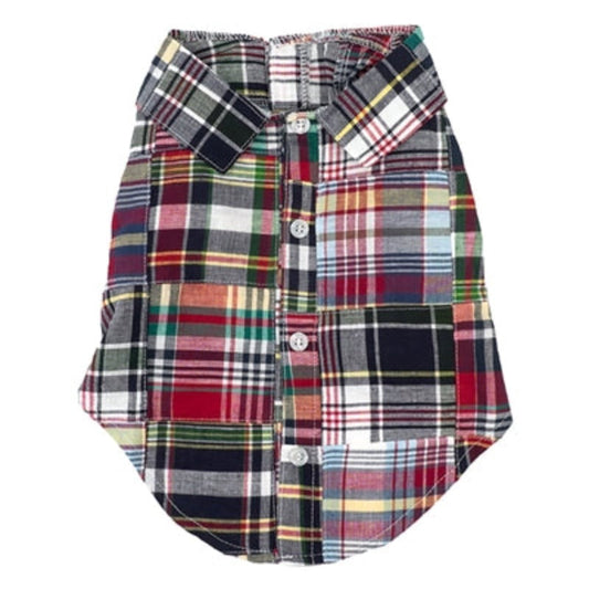 Navy Multi Patch Madras Collared Dog Shirt