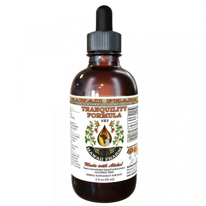 ReNewedPet Tranquility amber glass bottle with black dropper cap and Hawaii Pharm pet calming formula label.