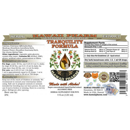 Hawaii Pharm Tranquility Formula Vet label. White/tan layout with dog/cat silhouettes and herbal facts.