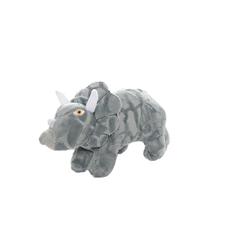 Purrfect Pet Kingdom grey plush triceratops dog toy with white horns, a textured pattern, and bright orange eyes.