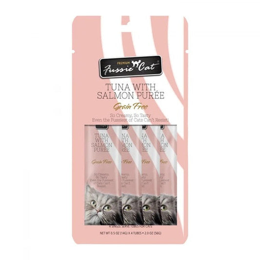 Fussie Cat Tuna with Salmon Puree treat pack. Light pink pouch featuring four individual tubes and a cat illustration.