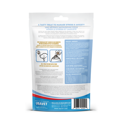 Back of white UBAVET UBACALM pouch with blue panels showing ingredients list, feeding guide, and usage diagrams.