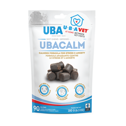 White pouch of UBACALM Calming Soft Chews for dogs and cats with a pile of dark brown beef-flavored pet treats.