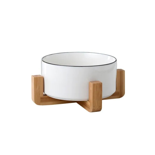Ceramic Raised Cat Bowl w/ Wood Stand - Ameraeon