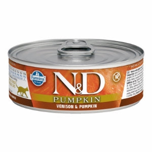 Farmina N&D Venison & Pumpkin wet cat food in a round metal tin with orange, brown, and white branding.