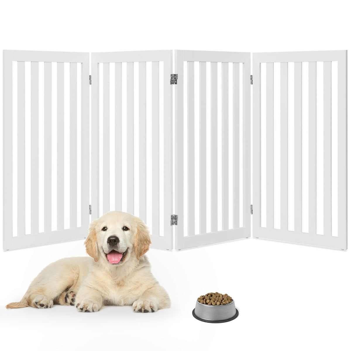 Folding 4 - Panel Dog Gate Pet Fence in White Wood Finish - Bedroom > Cat and Dog Beds - HomePacific