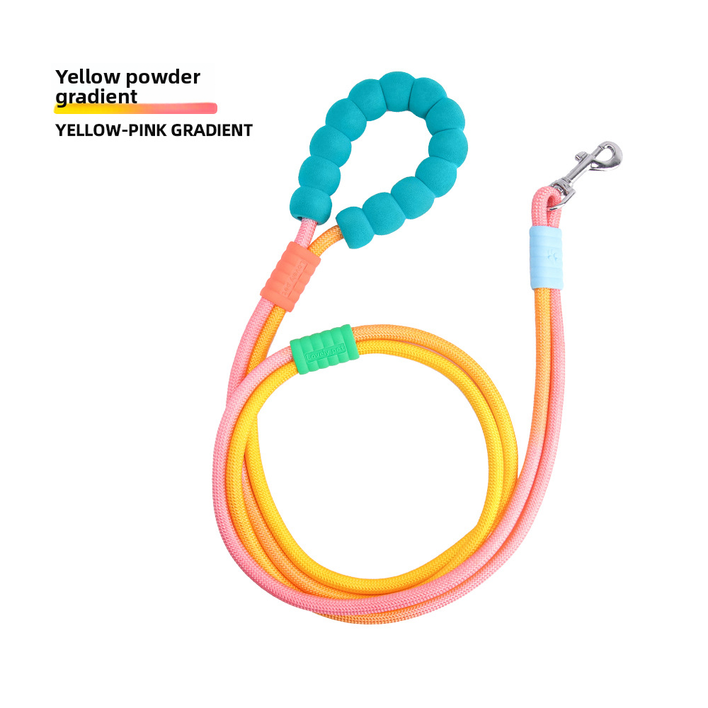 LeonaJ K-9 Co. yellow-pink gradient dual crossbody rope dog leash with teal foam handle and metal swivel clip.