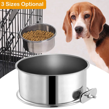 Durable Stainless Steel Hanging Crate Bowl for Pet Comfort