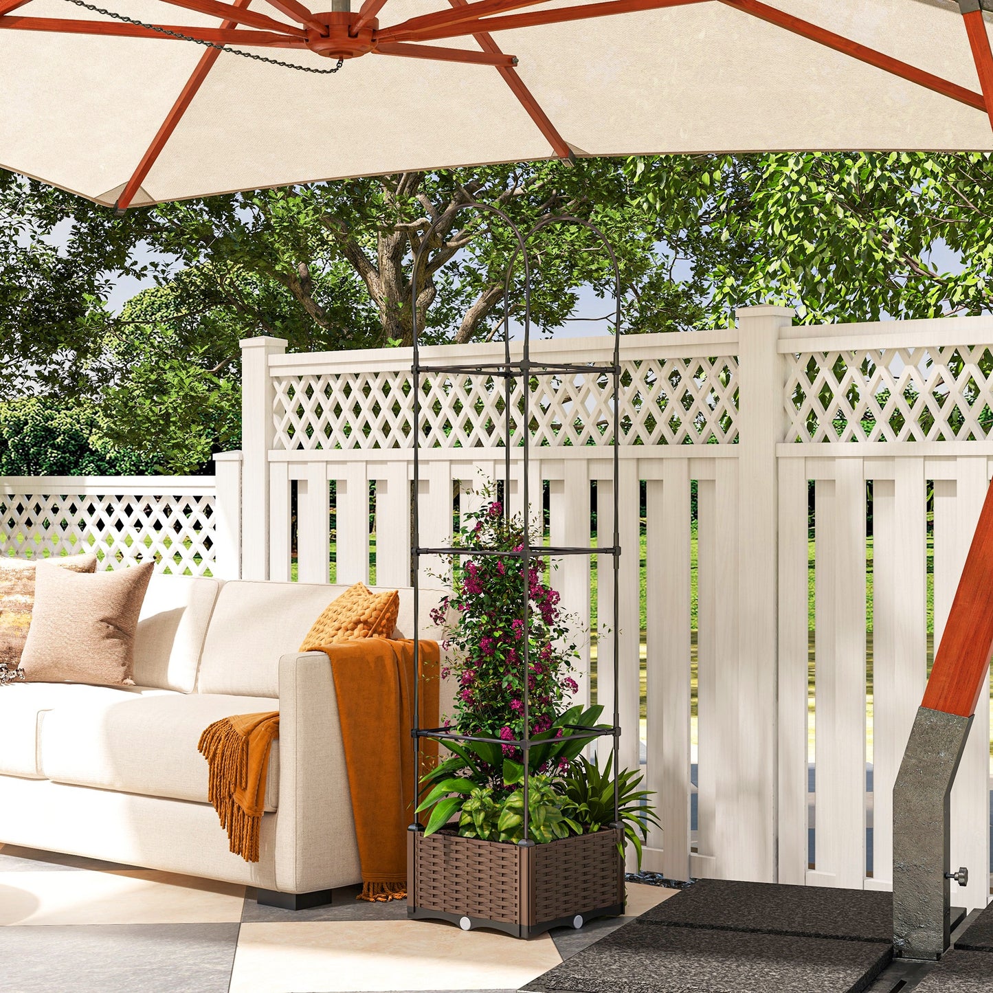 Self-Watering Elevated Garden Bed with Trellis - Brown