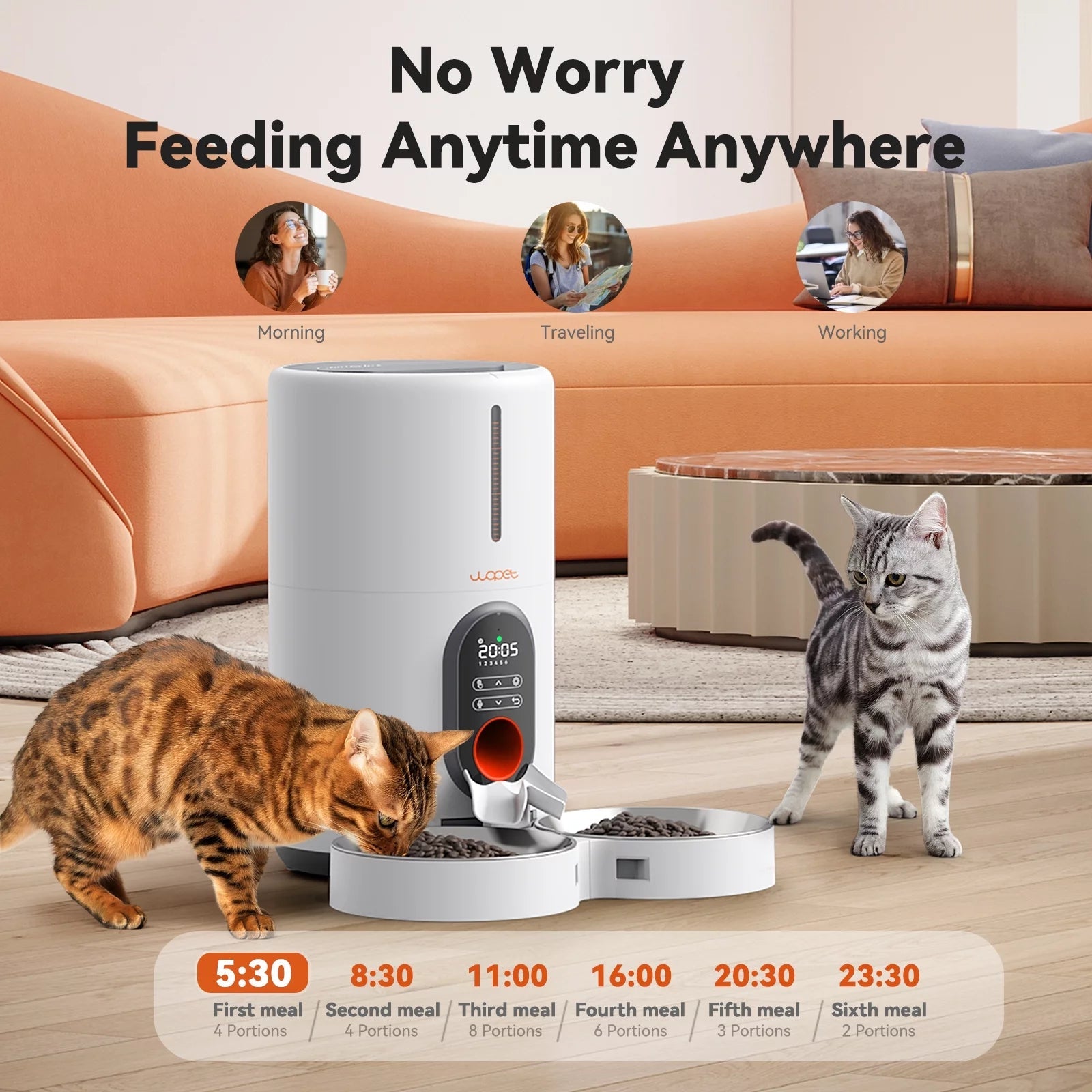 Pet feeder with cats eating and a schedule displayed, set against a home interior background.