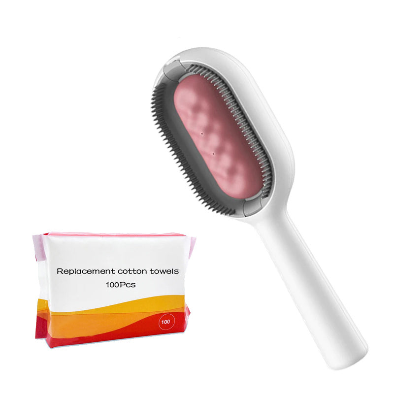 White Estely 4-in-1 pet brush with grey silicone bristles, pink water tank, and 100 replacement cotton towels.