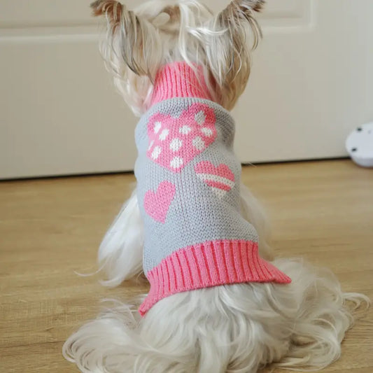 Adorable Triple Heart Patterned Pink & Grey Turtleneck Pet Sweater
