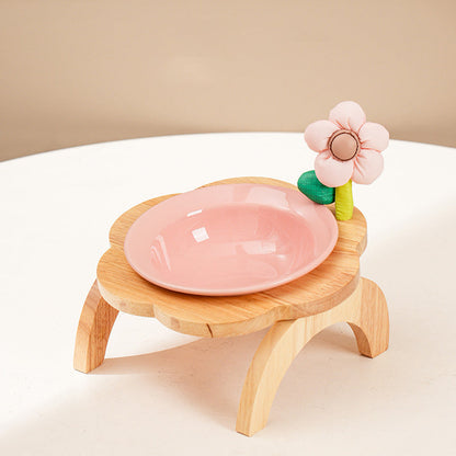 Cat Food Bowl With Wood Holder Stand Flower Shaped Ceramic F