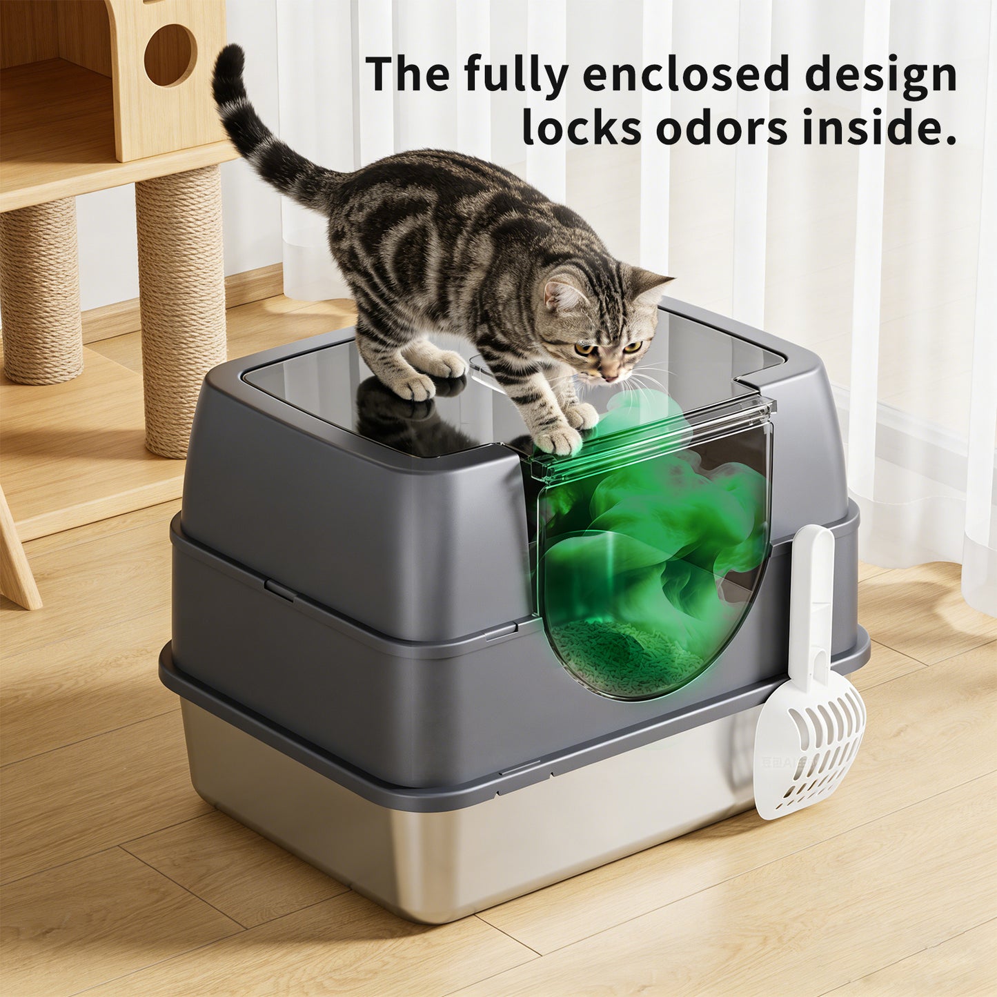Dark Gray Top Entry Fully Enclosed Cat Litter Box, With Free