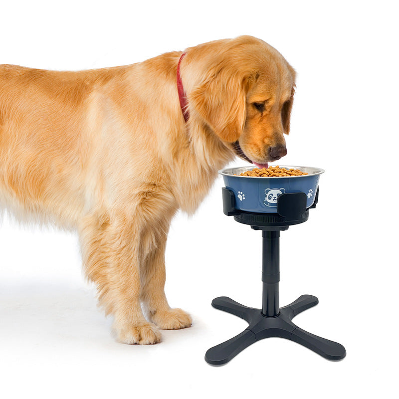 Golden retriever eats from a blue Pet Zen bowl on a black adjustable height stand with a stable anti-tumble base.