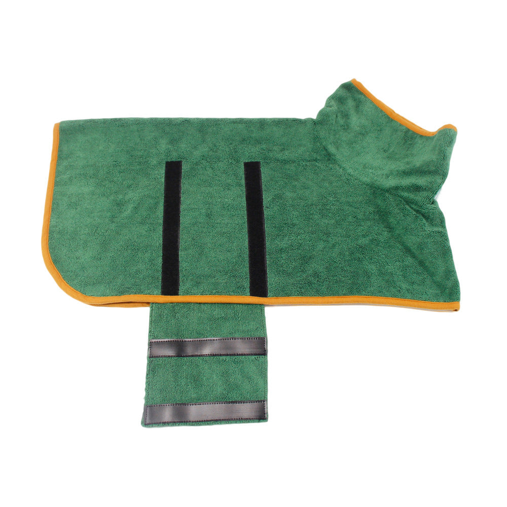Green absorbent pet bathrobe with adjustable straps for quick drying after bath time