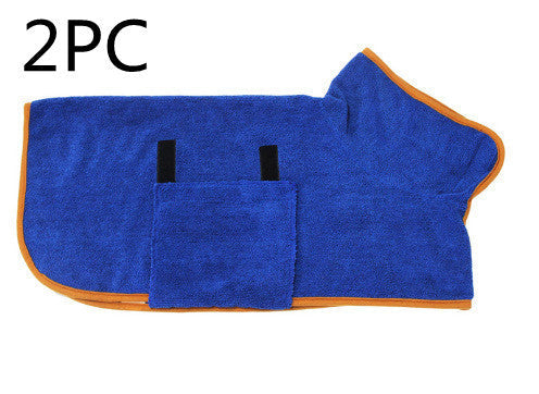 Two-piece absorbent pet bathrobe in blue with contrasting orange trim for quick drying pets