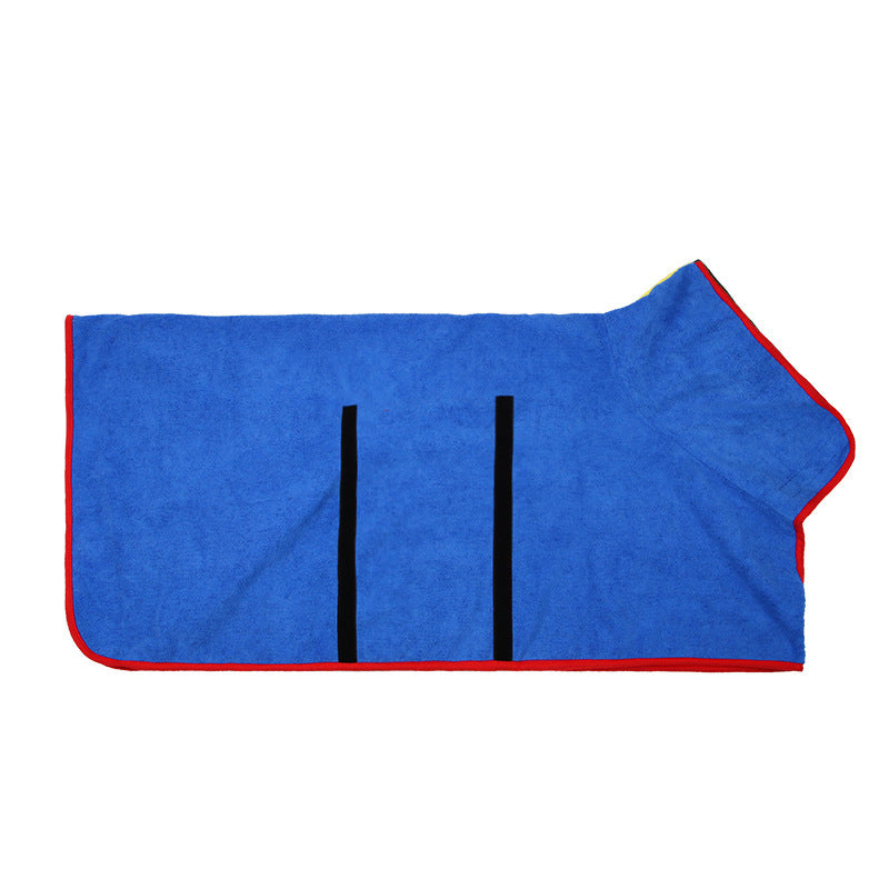 Blue absorbent pet bathrobe with adjustable straps for drying pets quickly after bath time