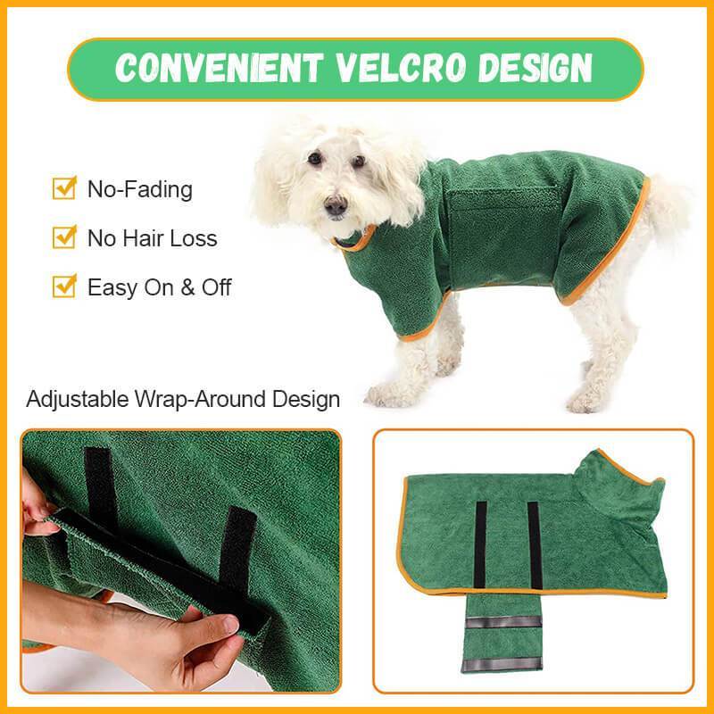 Green absorbent pet bathrobe with adjustable Velcro design for easy on and off and no fading