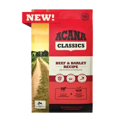 Acana Adult Classics Beef and Barley Dog Food by The Family Pet, 4lb bag, featuring a rich beef color and healthy ingredie...