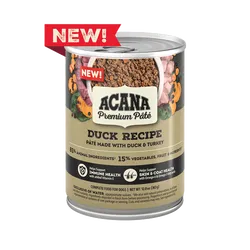 Acana Adult Grain Free Pate Duck Wet Dog Food by The Family Pet, 12.8oz can, featuring a rich duck color, perfect for dogs.