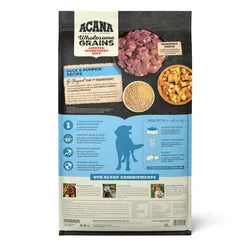Acana Adult Wholesome Grains Duck and Pumpkins Dog Food (4lb) by The Family Pet, featuring a colorful bag design.