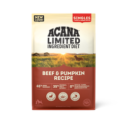 Acana beef and pumpkin dog food in a bag featuring a limited ingredient diet for healthy pets