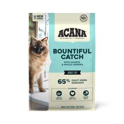 Acana Bountiful Catch cat food featuring salmon and whole herring for adult cats with 65% quality animal ingredients