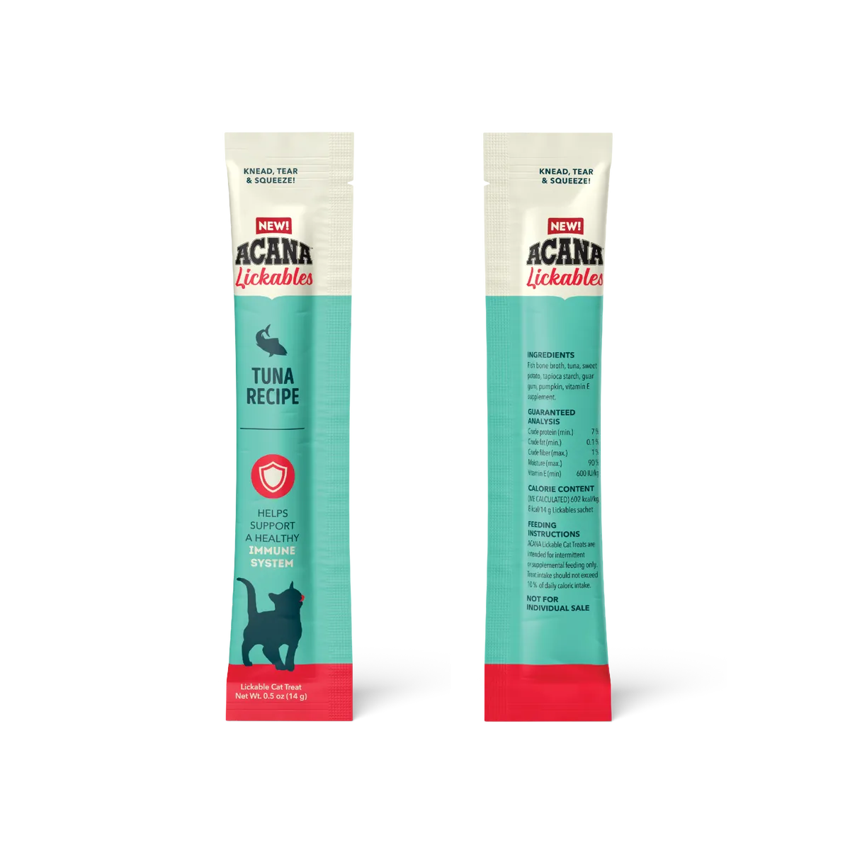 Acana Cat Lickables Tuna Cat Treats (2.5oz) by The Family Pet, featuring a vibrant packaging design in colorful hues.