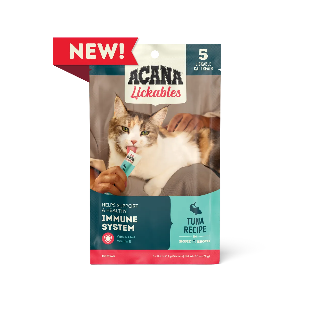 Acana Cat Lickables Tuna Cat Treats (2.5oz) by The Family Pet, featuring a vibrant packaging design in colorful hues.