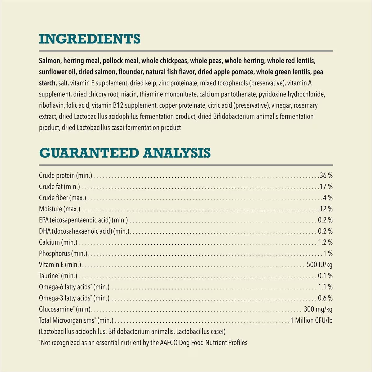 Acana grain free salmon dog food ingredients list and guaranteed analysis for healthy canines
