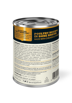 Acana grain free wet dog food in a can featuring poultry recipe with chicken and turkey