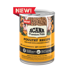 Acana grain free wet dog food in a can featuring poultry recipe made with chicken and turkey