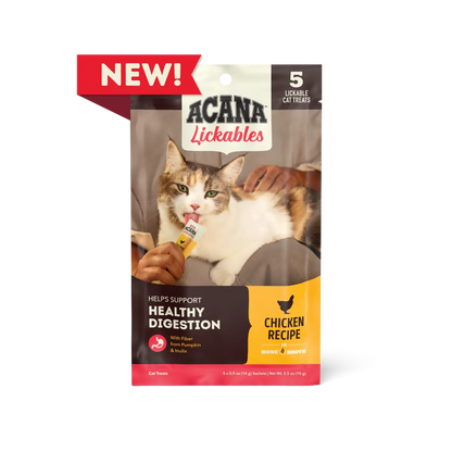 Acana Lickables Chicken Cat Treats by The Family Pet, 12-pack, budget-friendly protein snacks for cats, priced under $10.