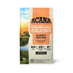 Acana puppy food wholesome grains bag featuring a puppy recipe with high-quality ingredients