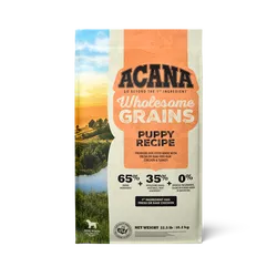 Acana Puppy Wholesome Grains Food (4lb) by The Family Pet, featuring a colorful bag designed for nutritious dog meals.
