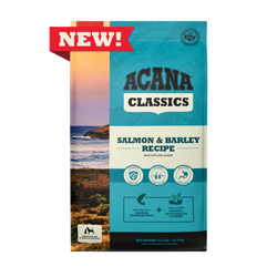 Acana salmon and barley dog food in a new packaging featuring a coastal landscape