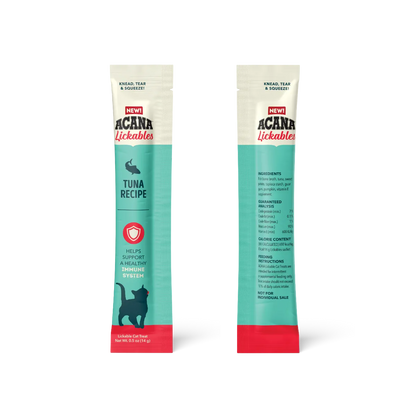 Acana Tuna Lickables Cat Treats by The Family Pet, 2.5oz pouch, featuring a vibrant design for immune support.