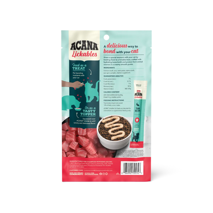 Acana Tuna Lickables Cat Treats by The Family Pet, 2.5oz pouch, featuring a vibrant design for immune support.
