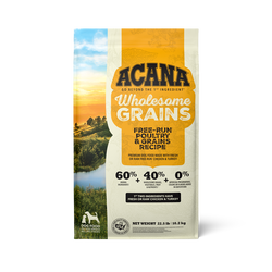 Acana wholesome grains dog food bag featuring free-run poultry and grains recipe with natural ingredients