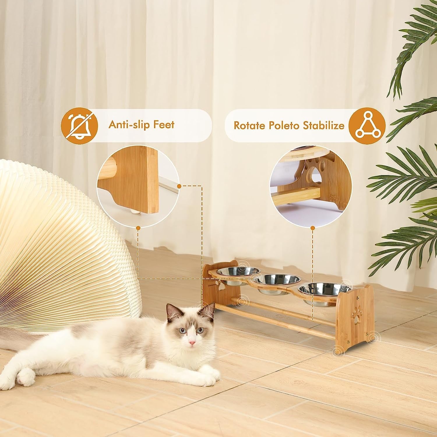 Adjustable bamboo pet feeding station with anti-slip feet and bowls for easy feeding