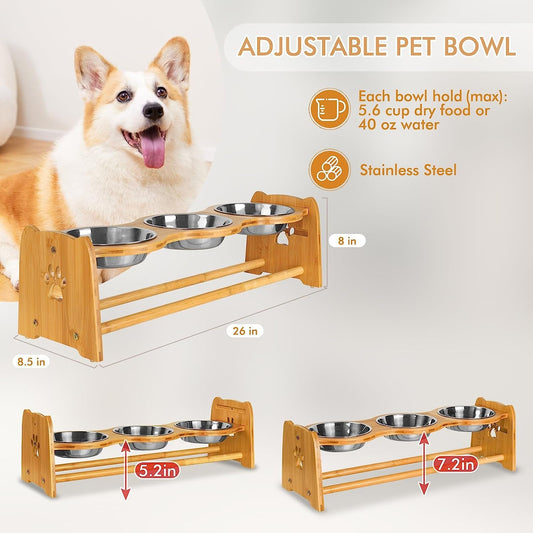 Adjustable bamboo pet feeding station with stainless steel bowls for dogs and cats