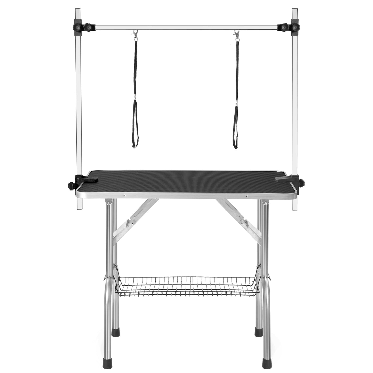 Adjustable dog grooming table with non-slip surface and overhead grooming arm for easy pet grooming