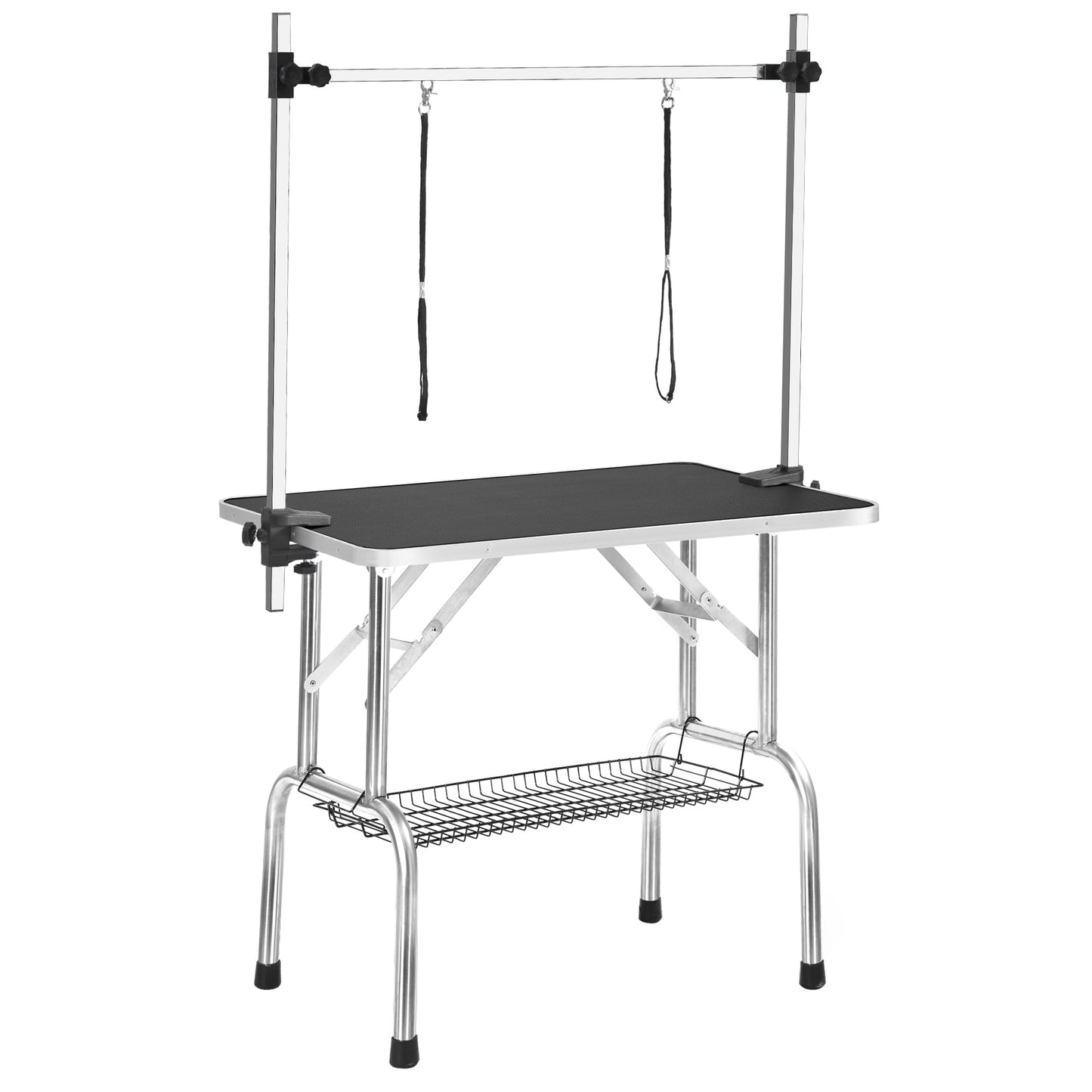 Adjustable dog grooming table with sturdy metal frame and leash attachments for easy pet grooming