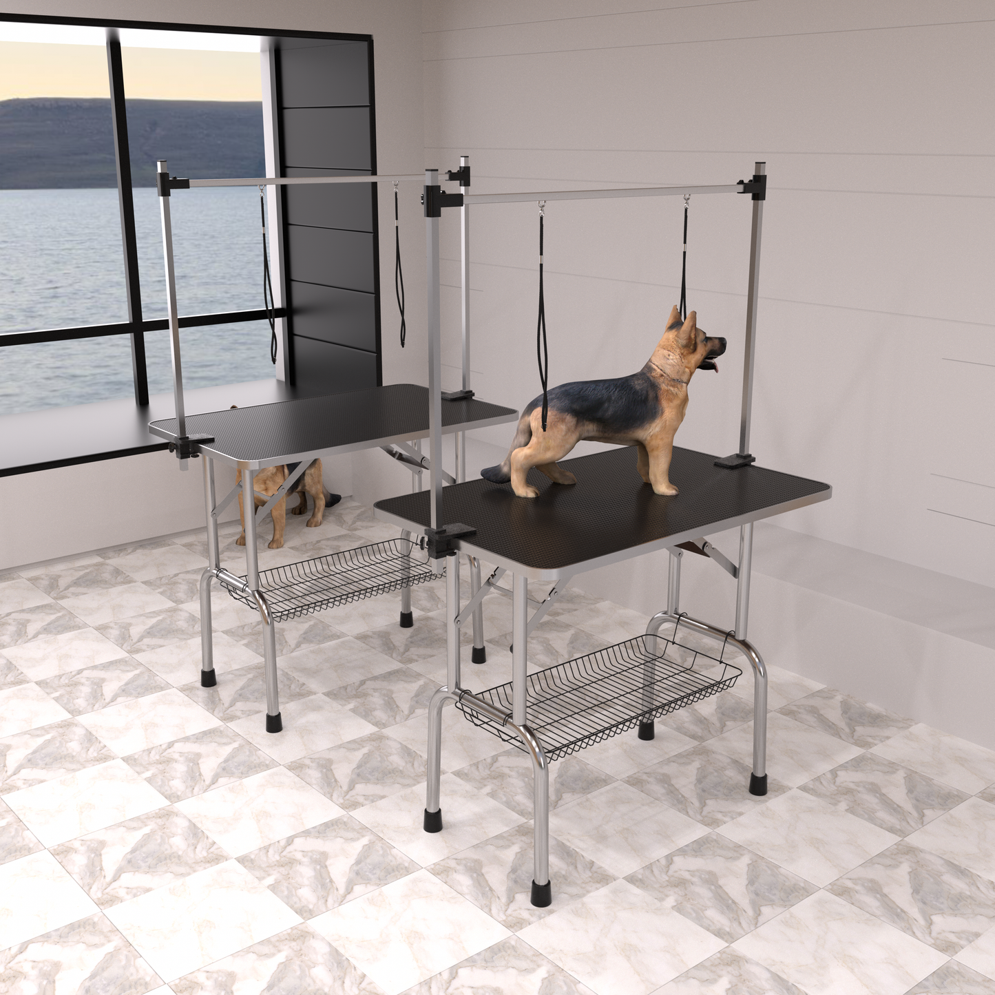 Two adjustable dog grooming tables featuring supportive frames and storage shelves for pet grooming needs