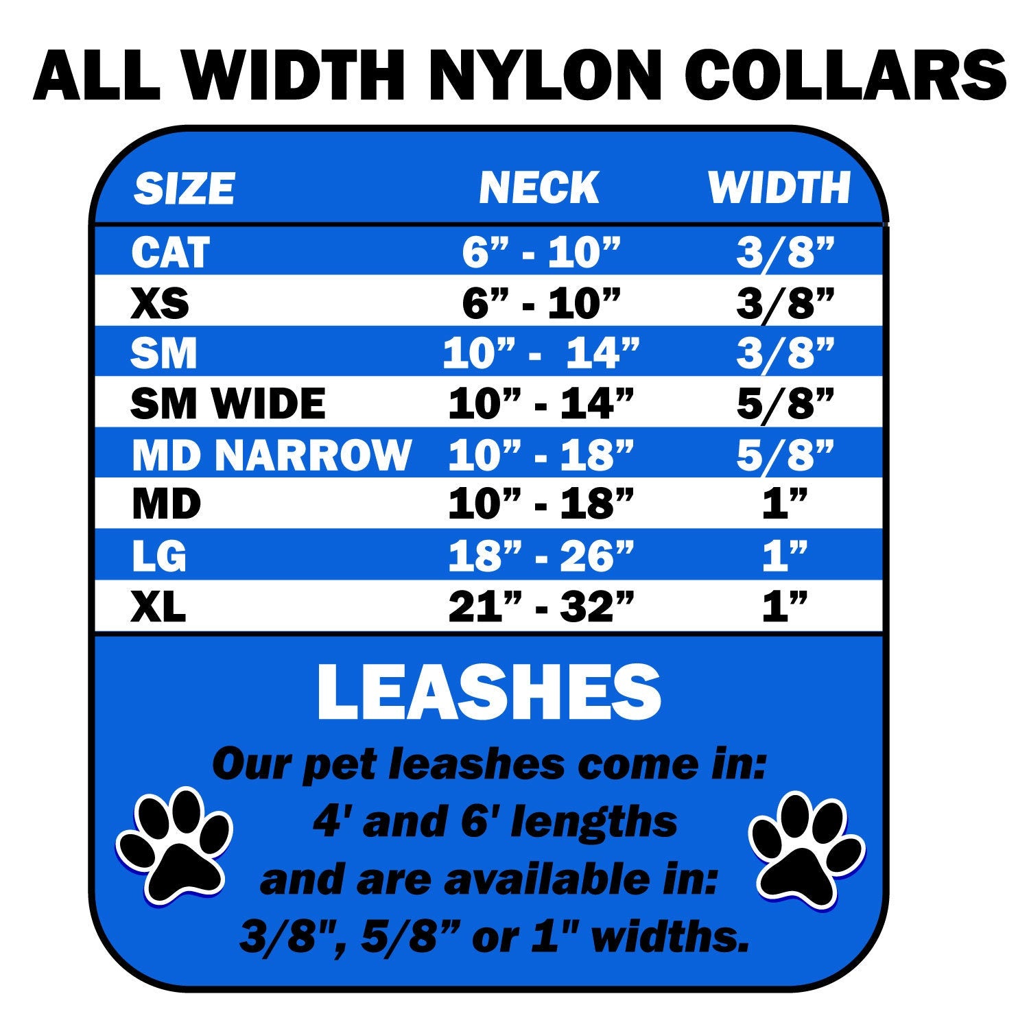 Chart of adjustable nylon pet collar sizes and widths for cats and dogs by WooF WooF MeoW MeoW